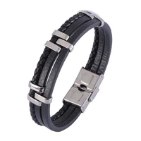 trendy black three layer stitching accessories stainless steel leather bracelet men wrist jewelry male bangle friend gift sp1220