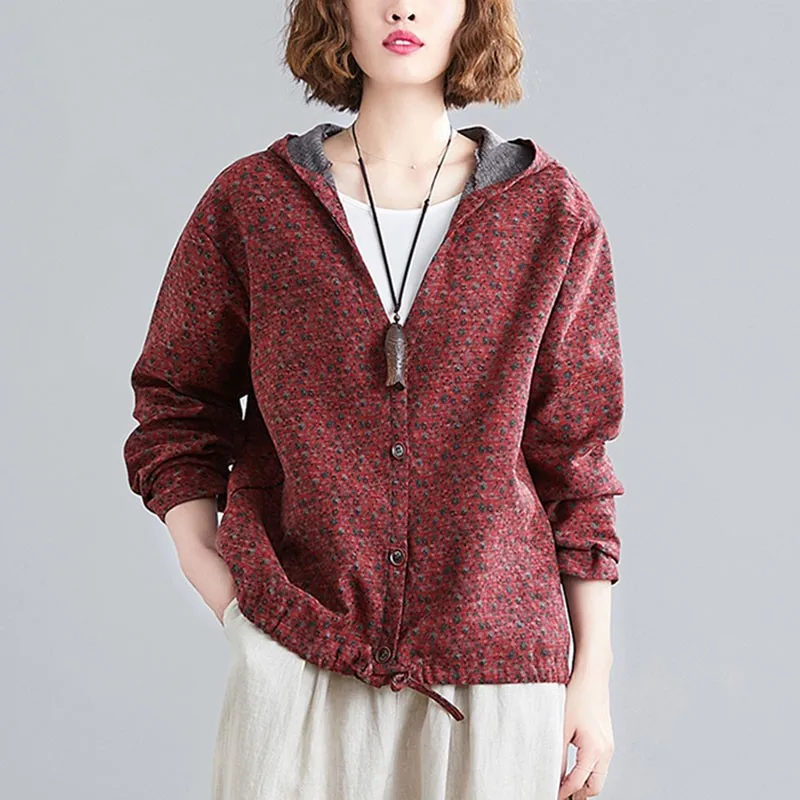 

Куртка женская с капюшоном, Повседневная Свободная хлопково-Льняная верхняя одежда в простом стиле, с винтажным принтом, S2053, осень 2020