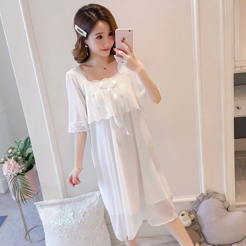 New lace nightdress women's summer short sleeve fresh princess style medium long dress sweet sexy nightgown court lady nightwear
