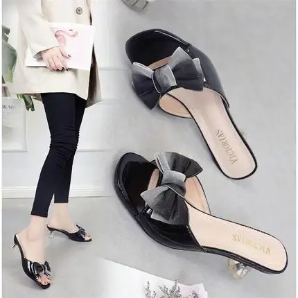 Новые женские летние шлепанцы с бантом женская обувь красным пикантные сандалии