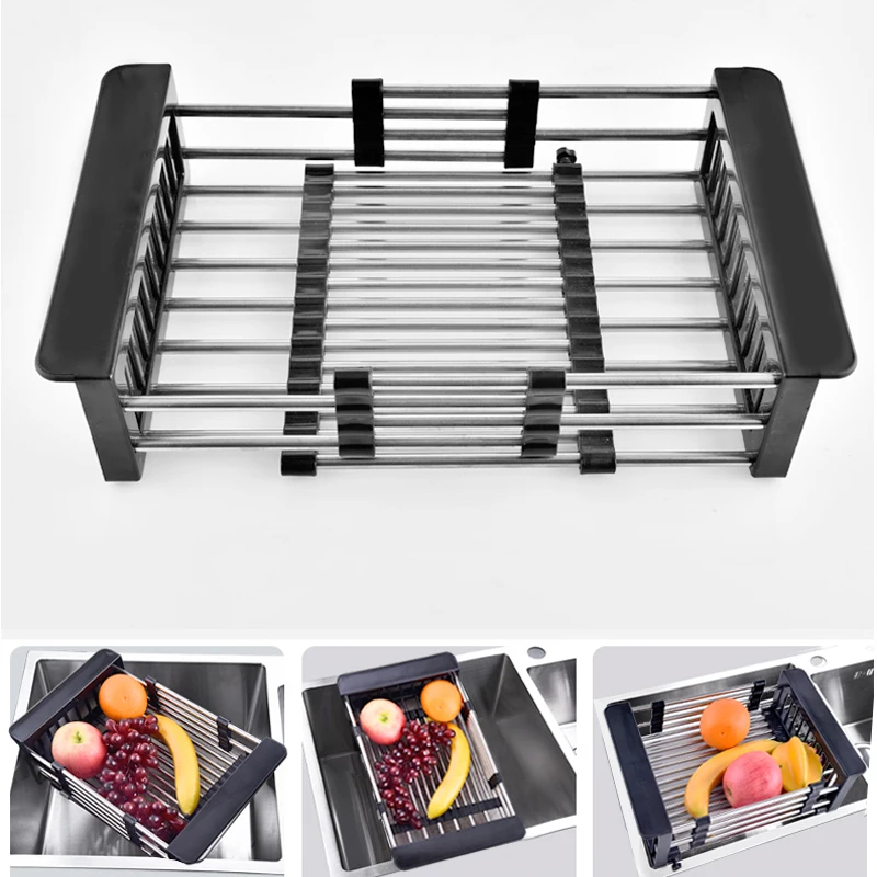 

Adjustable Telescopic Stainless Steel Kitchen with Sink Vegetable Rack Drying Rack Plug-in Storage Rack Fruit and Vegetable Tray