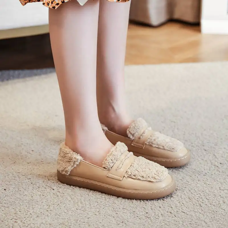 Boots Female Women Shoes Big Size 43 Winter Loafers with Fur Woman Flats Ladies Slip on Warm Comfy Sport Shoes Womens Fur Shoes