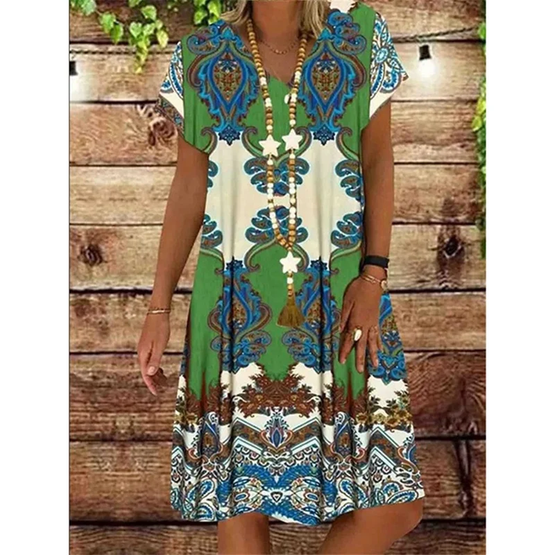 

Women's Print Short Sleeve V-Neck Mid-Long Dress