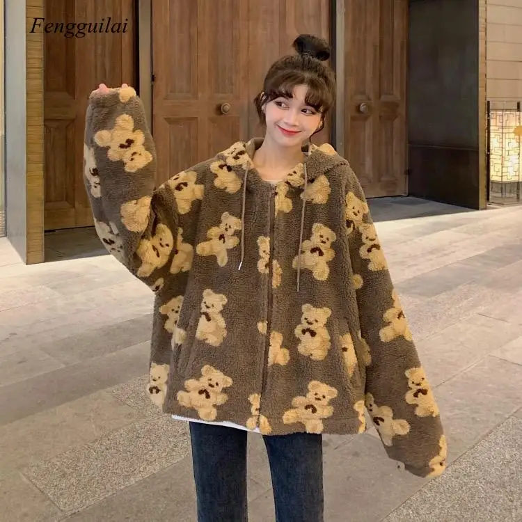 

Cute Women Hoodie 2020 Winter Loose Hoodies Sweatshirts Streetwear Thick Lamb Wool Bear Coat Zipper Oversized Outwear