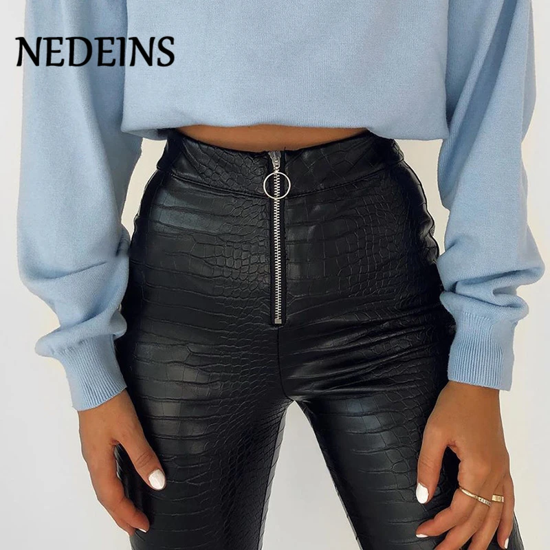 Черные летние штаны NEDEINS из искусственной кожи эластичные женские брюки с