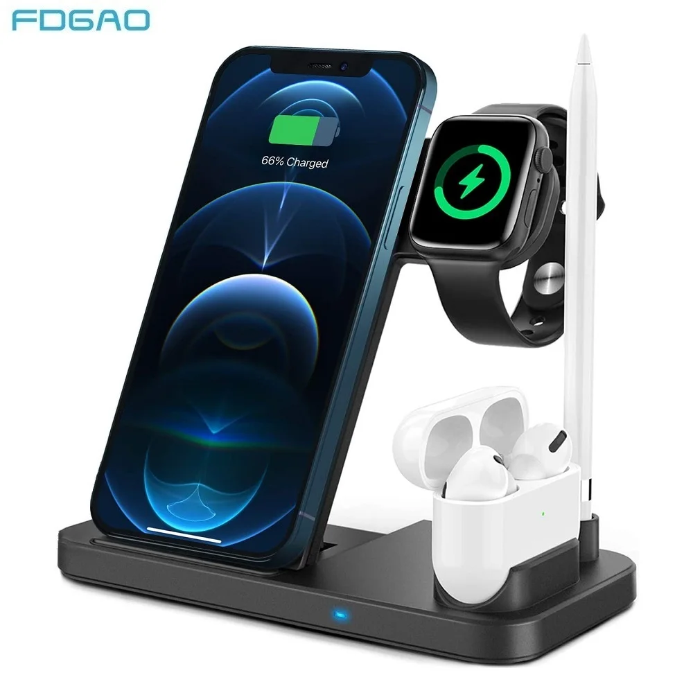

Беспроводное зарядное устройство Qi 4 в 1, подставка для iphone 12 11 Pro XS XR X 8, док-станция для быстрой зарядки для Apple Watch 6 5 4 3 2 Airpods Pro