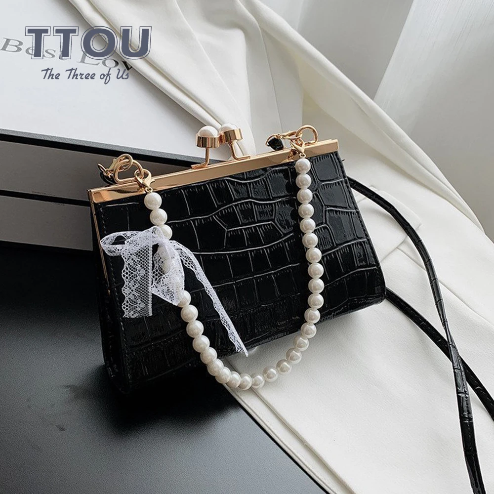 

Pearl Chain Alligator Pattern Women Crossbody Bag Clip Buckle Shoulder Bag Luxury Brand Solid Color Lady Handbag Female Purse