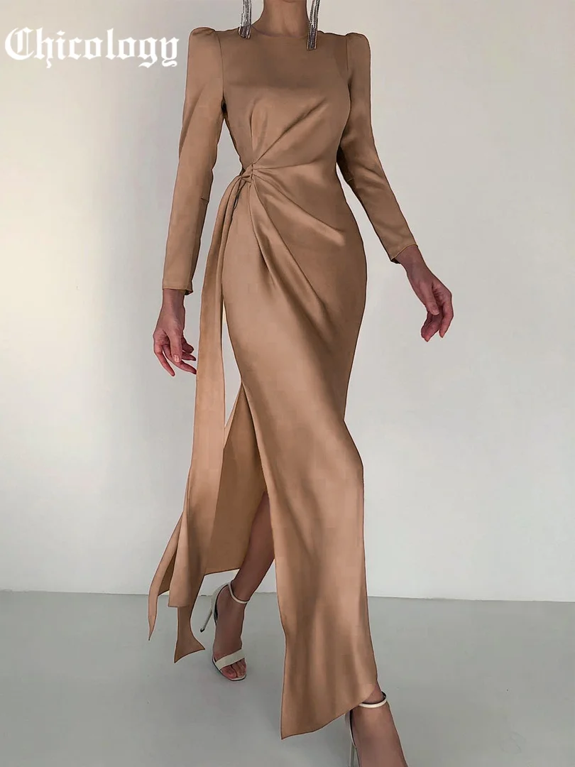 

Chicology 2021 Women Satin Solid O Neck Long Sleeve Zipper Slit Midi High Waist Fashion Ruched Elegant Party Autumn Winter Dress