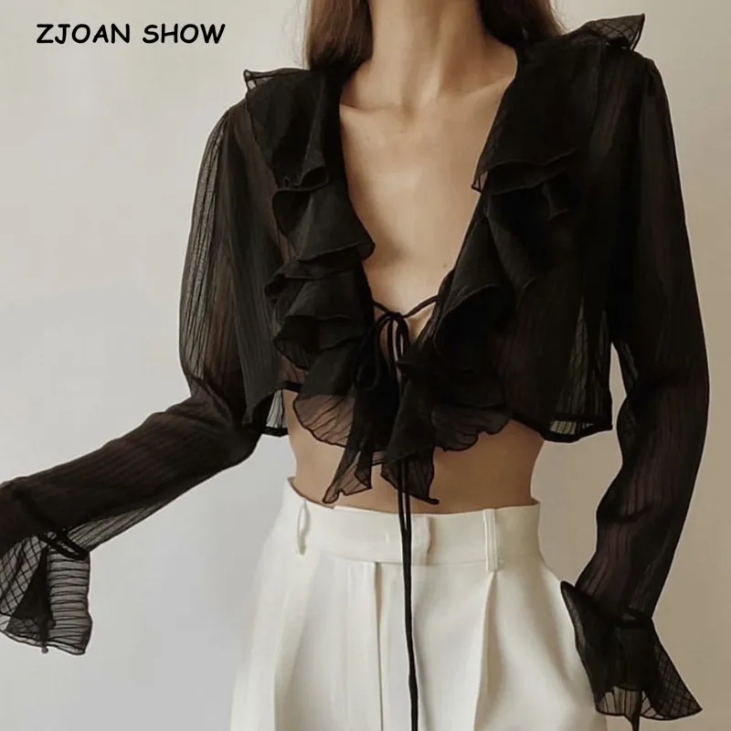 2021 Stylish Women Sexy Tie bow Front Ruffles Cropped Shirt High waist Short Blouse Long Flare sleeve French Tops Black White