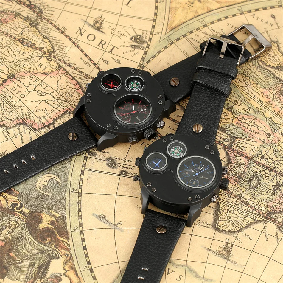 

Oulm Brand Men's Watch Black Large Dial Compass Functional Genuine Leather Wristwatch Cool Male Wristwatch Sport Quartz Clock