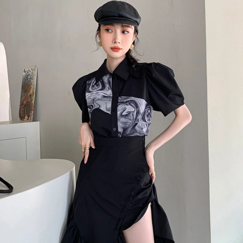 

Kimotimo Black Short Sleeve Shirt Women Summer Irregular Print Patchwork All-match Tops Korean Puff Sleeve Fashion Design Blouse