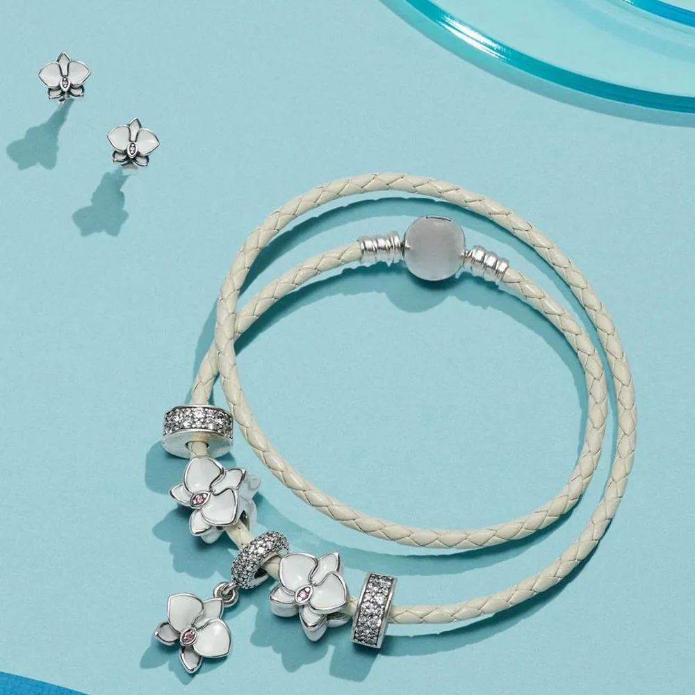 

2020 100% 925 Sterling Silver White Orchid Charm Enamel Primrose Pendant Stud Earrings IVORY DOUBLE WOVEN LEATHER BRACELET Set