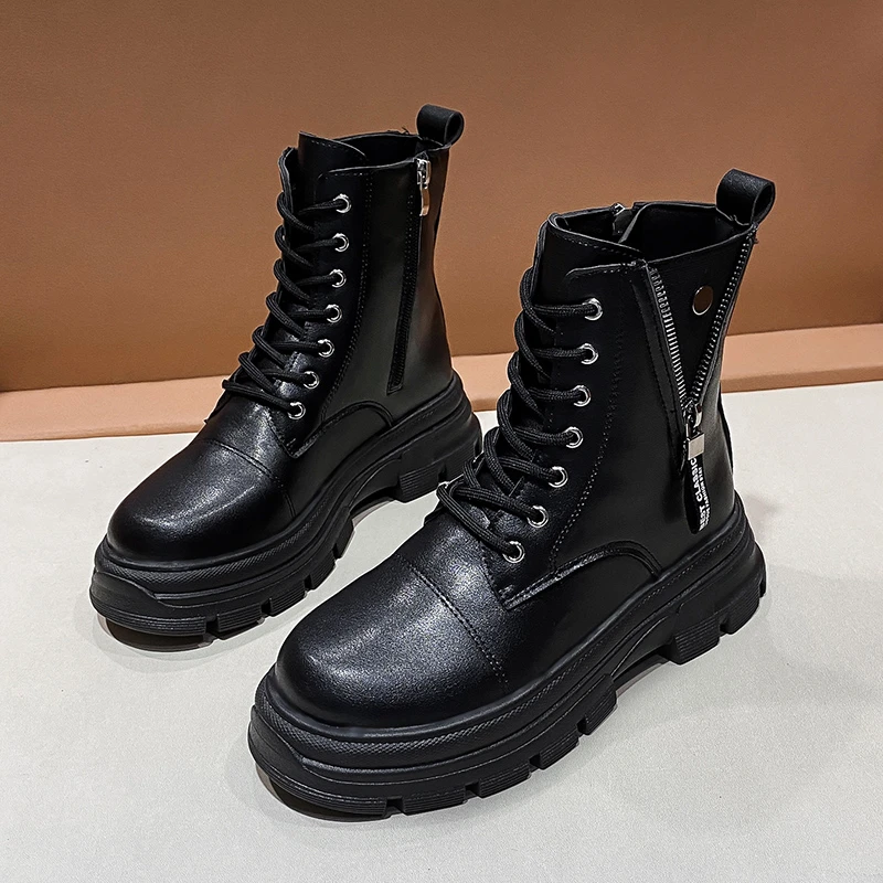 

Women Ankle Boots Winter Round Toe 5.5cm Heel Zip And Lace Up Round Toe Platform 2020 Fashion Shoes For Woman Non-slip