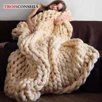 fashion hand made chunky merino wool blanket thick big yarn roving knitted plaid blanket warm throw blanket for sofa plaid cover