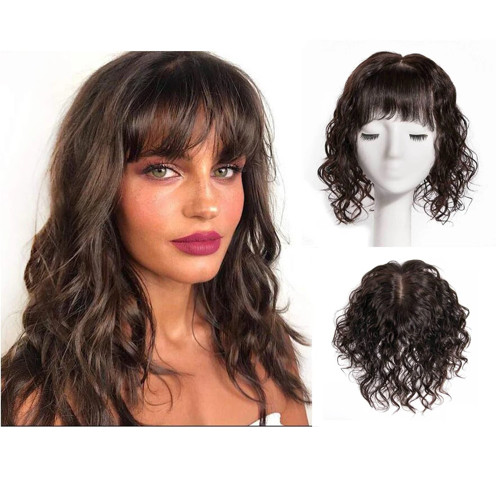 BYMC mono Lace with PU Replacement System Human Hair with Bangs Toupee For Women Loose Wave with Clips Cover White Hair