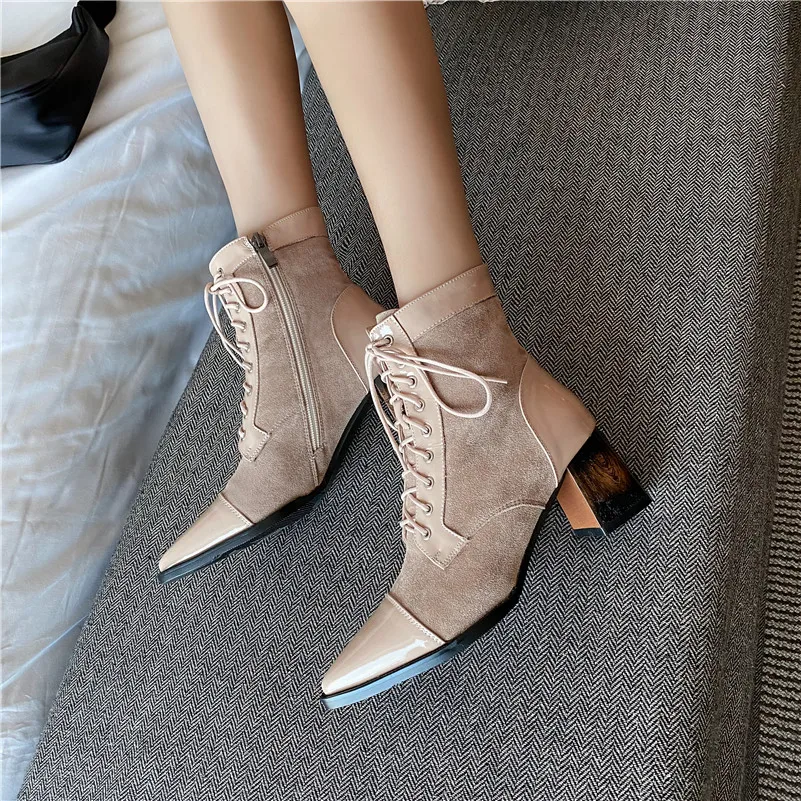 

Meotina Women Ankle Boots Shoes Real Leather High Heel Short Boots Pointed Toe Block Heels Zip Lace Up Ladies Boots Apricot 40