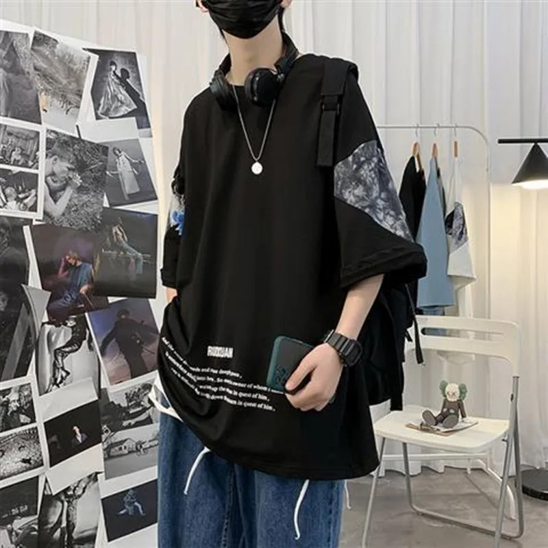 

Seven minutes short sleeve T-shirt male loose plus fat plus handsome popular logo summer new jacket tide INS Hong Kong wind fat