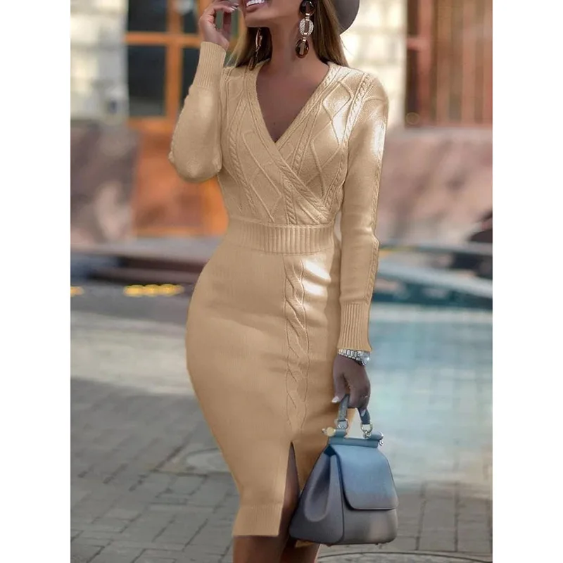 

WEPBEL Women Sexy Skinny Stretch Knitted Pullover Sweater Dress Ladies Elegant Long Sleeve V Neck Split Bodycon Dress Knitwear