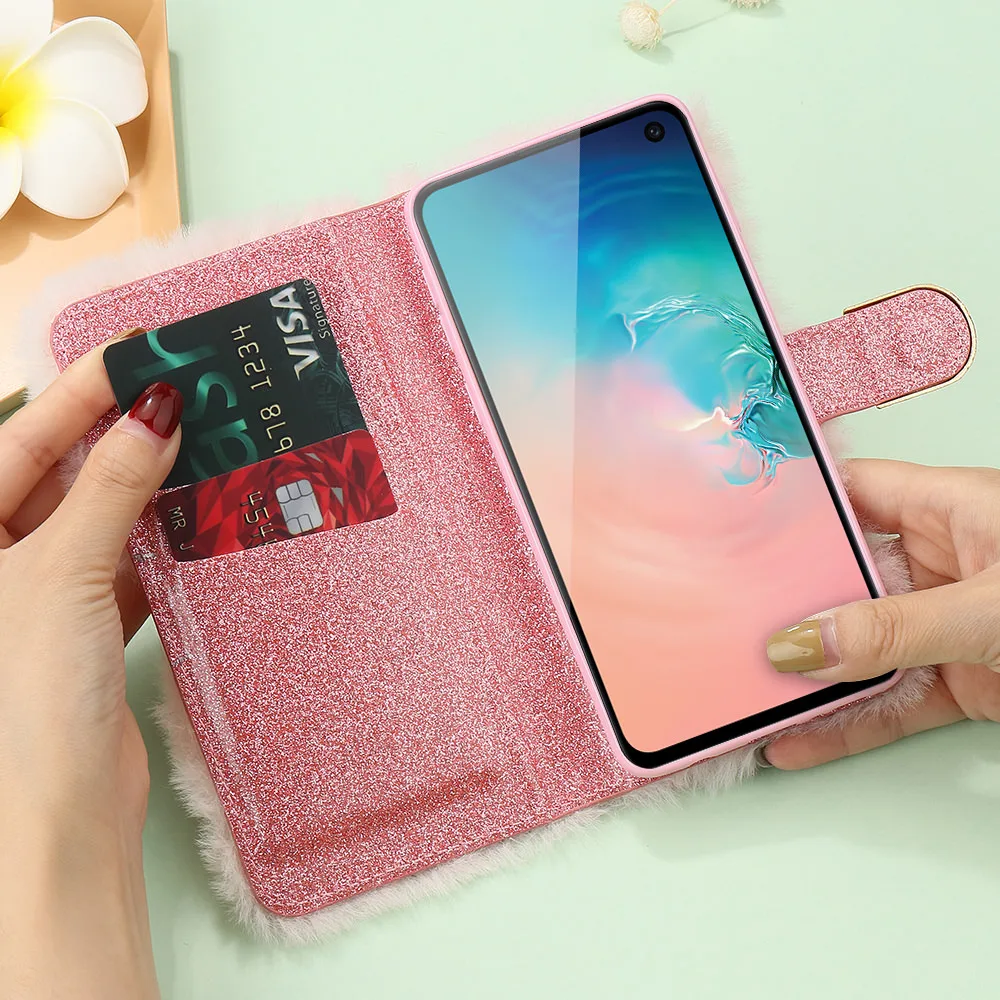 L-FADNUT Роскошный милый меховой пушистый чехол-кошелек для samsung Galaxy S10e Note 9 S9 Plus S8 Note 10 Plus 5G S7 edge мягкое кожанное покрытие