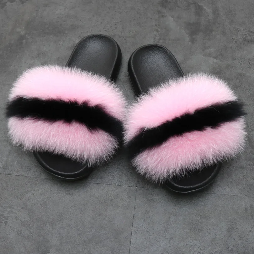 

multicolor 3 horizontal stripes New fox fur slippers female summer home wear word flat fur flat sandals real fur grass