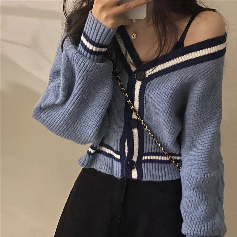 

Korean Chic Autumn Loose Short V Neck Lazy Long Sleeve Striped Sweater Women Coat Clothes Thick Warm Crop Cardigan Casual Retro