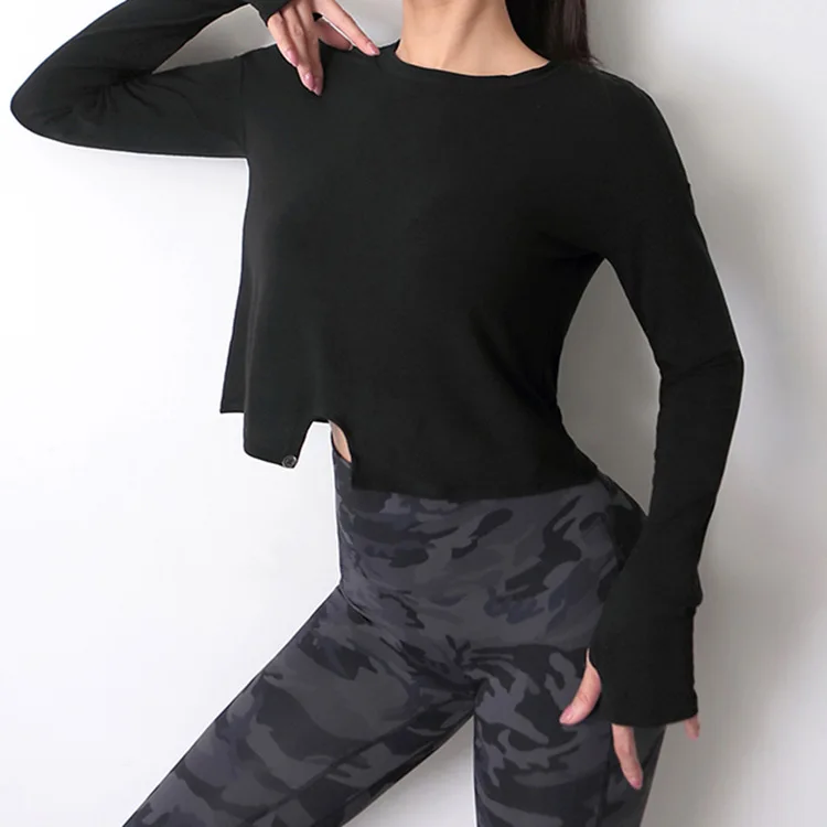 

Loose Yoga Shirt Women Long Sleeve Thumb Hole Fitness Top Sports Gym Seamless Elastic Tight Workout Running T-shirt