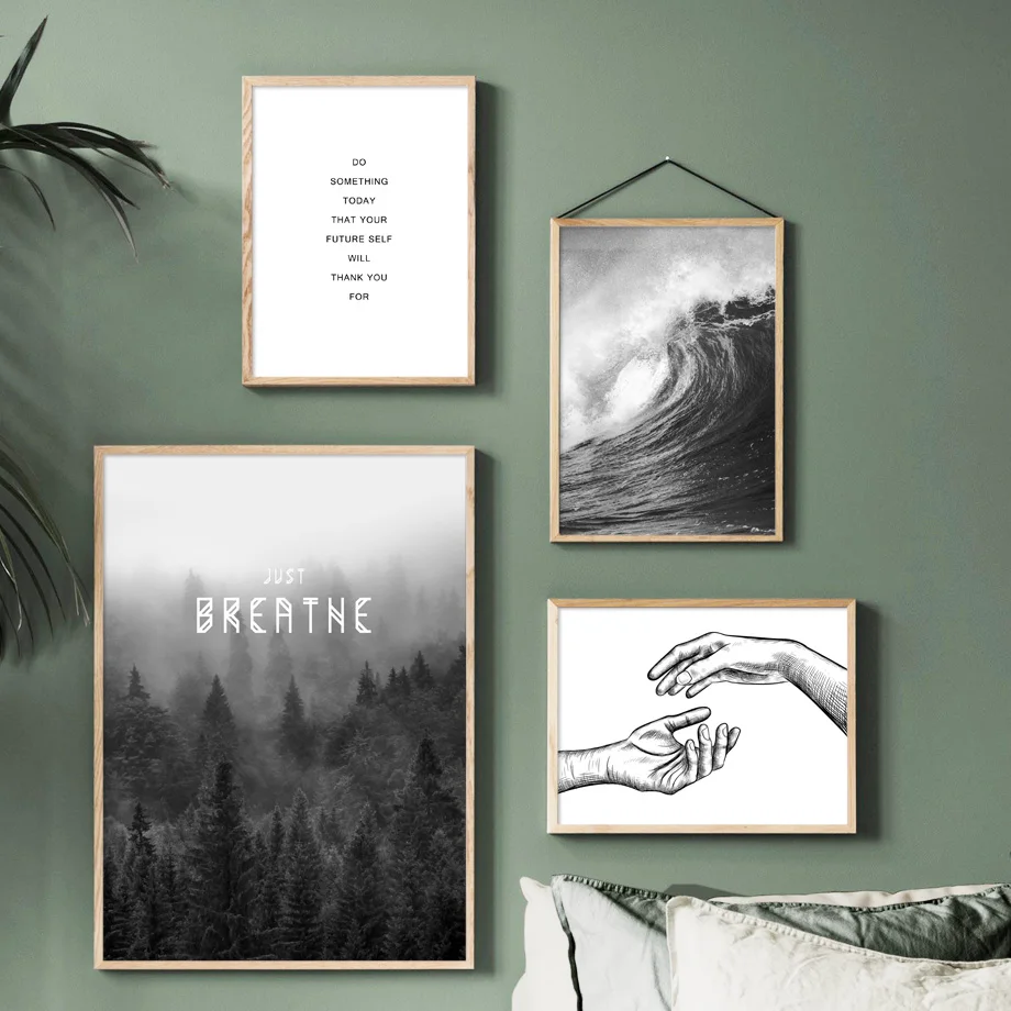 

Black and white forest wave sign language quote wall art canvas painting nordic posters and prints living room home decoration w