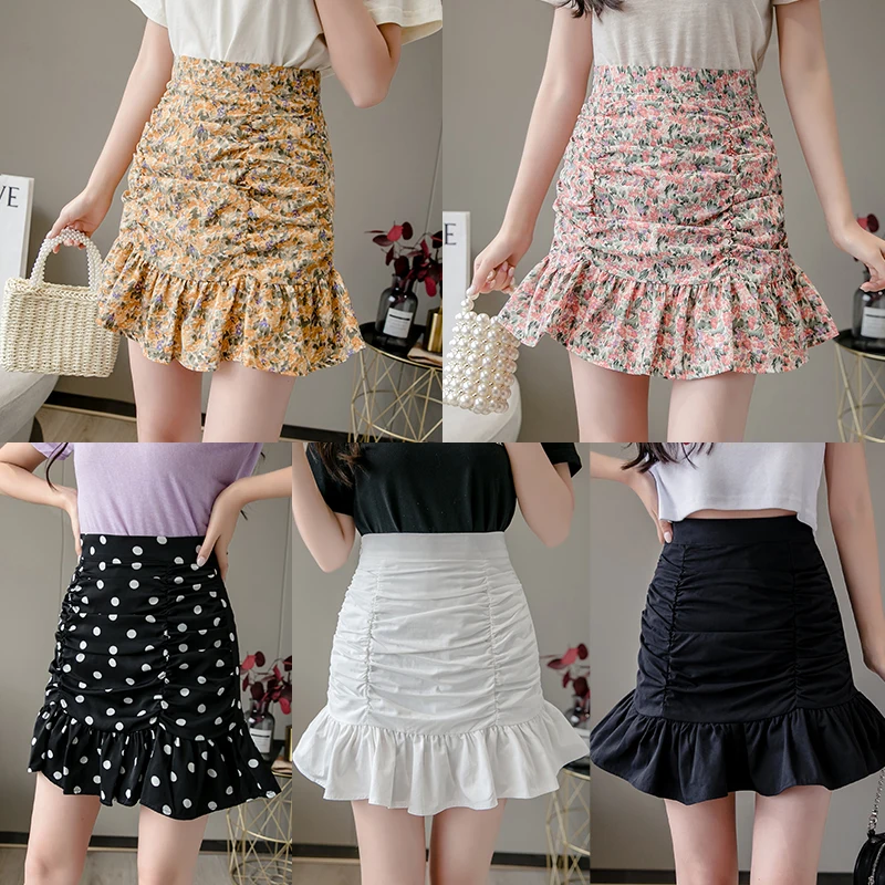 

Summer Women Mini Skirt Fashion Chiffon Print Floral Ruffles Pencil Skirt Casual High Waist Korean Slim Female Skirt