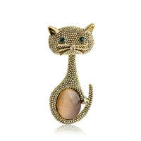 high quality cute cat opal brooches for women kids green crystal eyes antique gold color animal hijab pins dress decorations