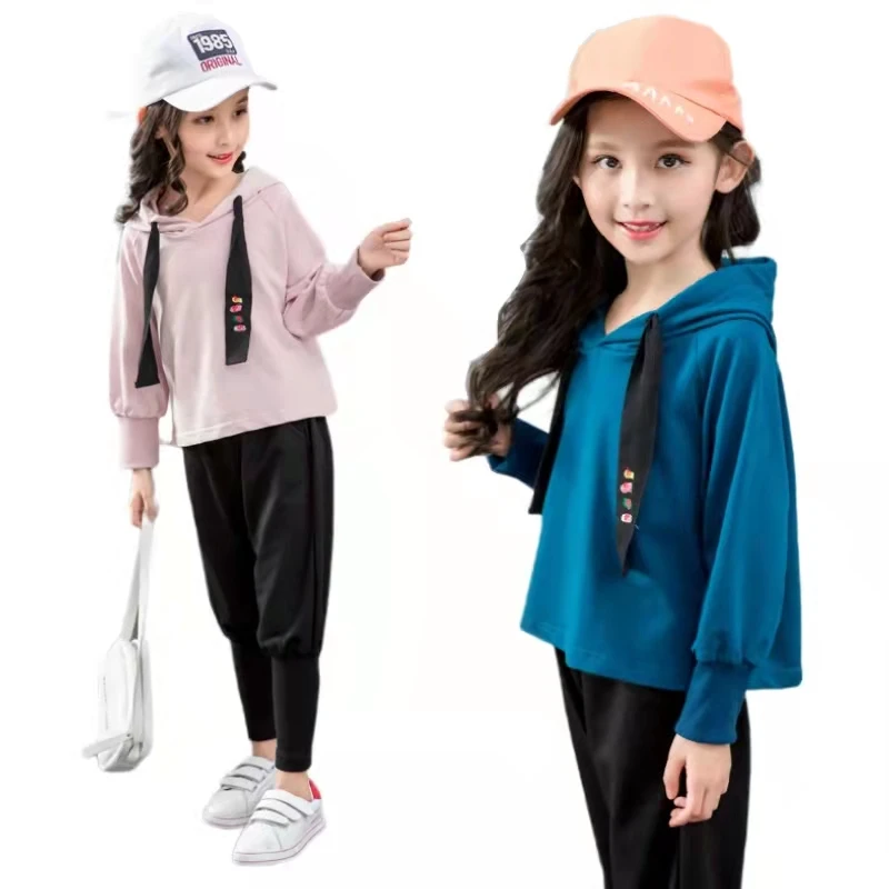 

Спортивный костюм для девочек 6-12 лет, модный однотонный свитшот и штаны, комплект из 2 предметов, с капюшоном, спортивная одежда для девочек ...