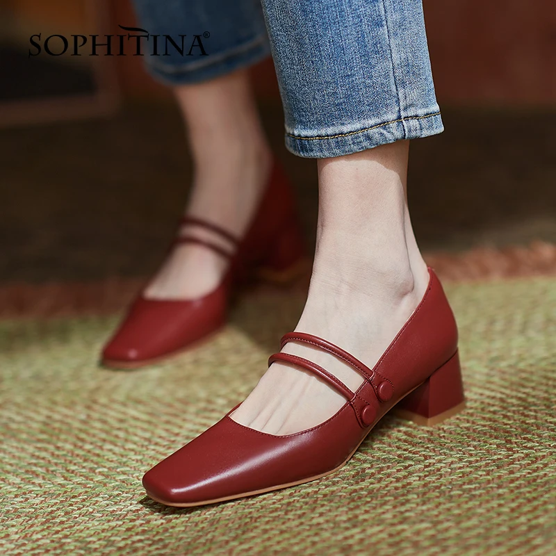 

SOPHITINA Women Pumps Spring Leisure Mary Janes Premium Leather Shoes Thick Heel TPR Comfort Red Wine Fashion Lady Shoes DO233