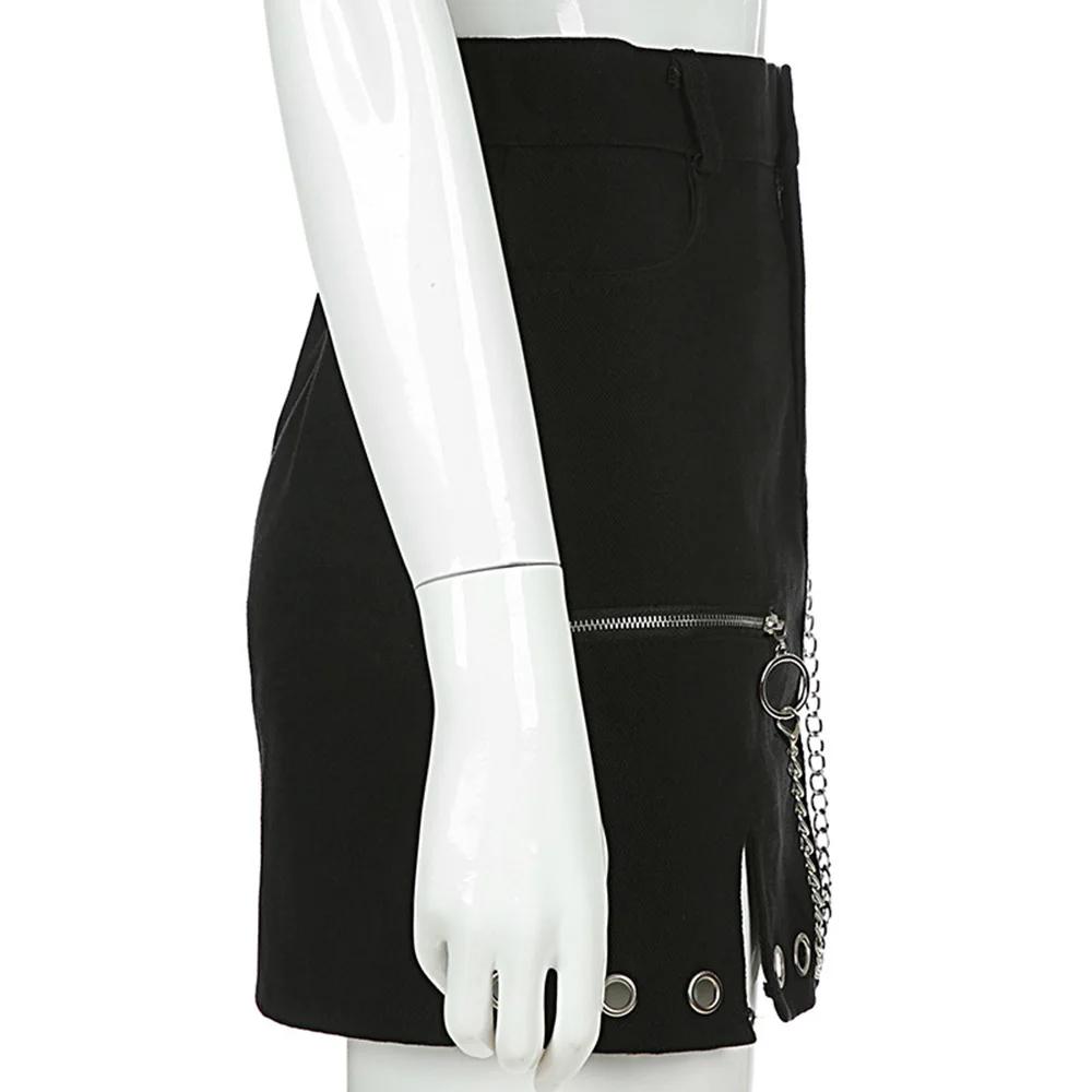 

2020 Punk Rock Rivet Chain Sexy Skirt Women Gothic Brand Streetwear Club Casual Black A Line High Waist Skirts Summer
