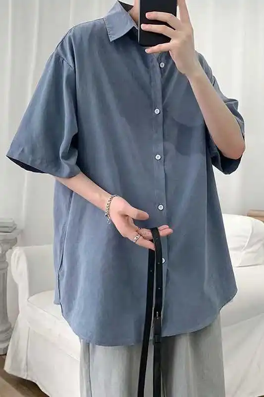 

Summer loose short sleeve shirt Korean solid color 5 / 5 sleeve shirt student fashionable and handsome inch coat shirts