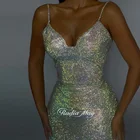 Женское вечернее платье с камнями Radia, роскошное серебристое платье средней длины на тонких бретельках, коктейльное платье для выпускного вечера, Свадебная вечеринка