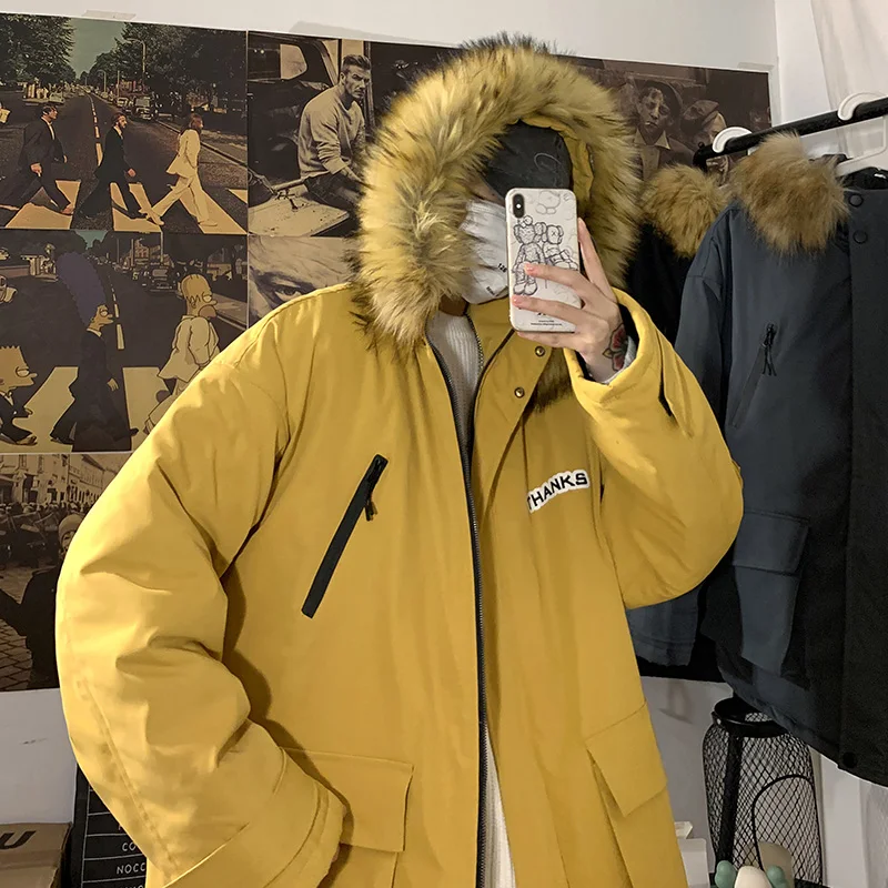 

New Winter Men's Hooded Jacket Fur Collar Thicken Warm Windbreaker Japanese Streetwear Hip hop Military Parka Outdoor Overcoat