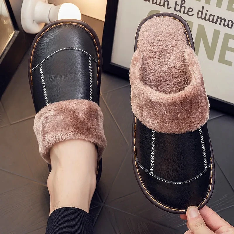 

Big large size 45 46 men's winter home slippers high quality genuine leather fluffy slides men women indoor slippers shoes