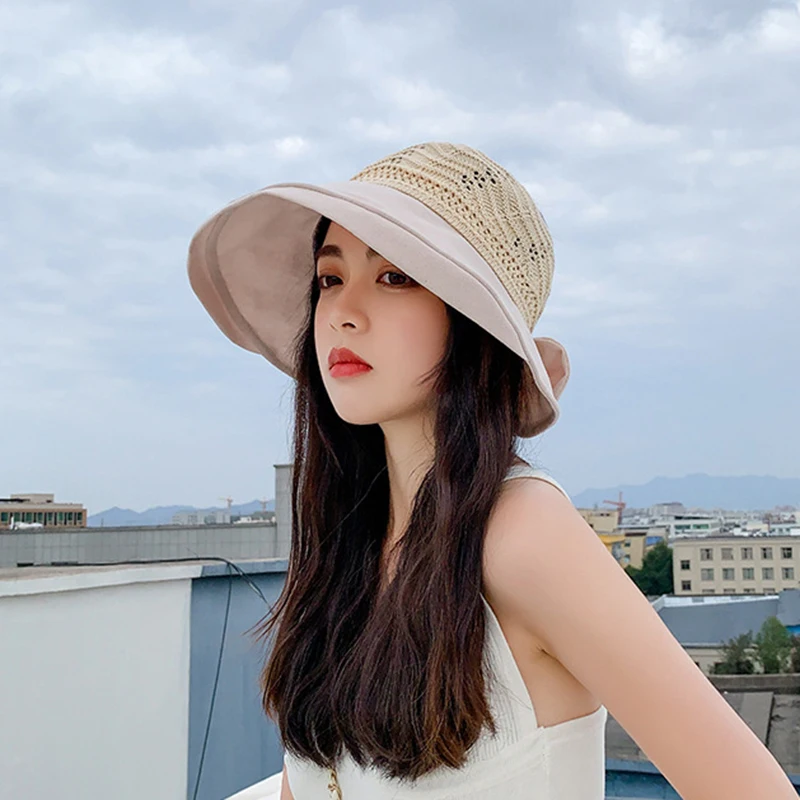 

New Women Summer Hollow Out Outdoor Wide Brim Sun Protection Hats Beach Ladies Elegant Bow-knot Bucket Hat Foldable Sunhat Caps