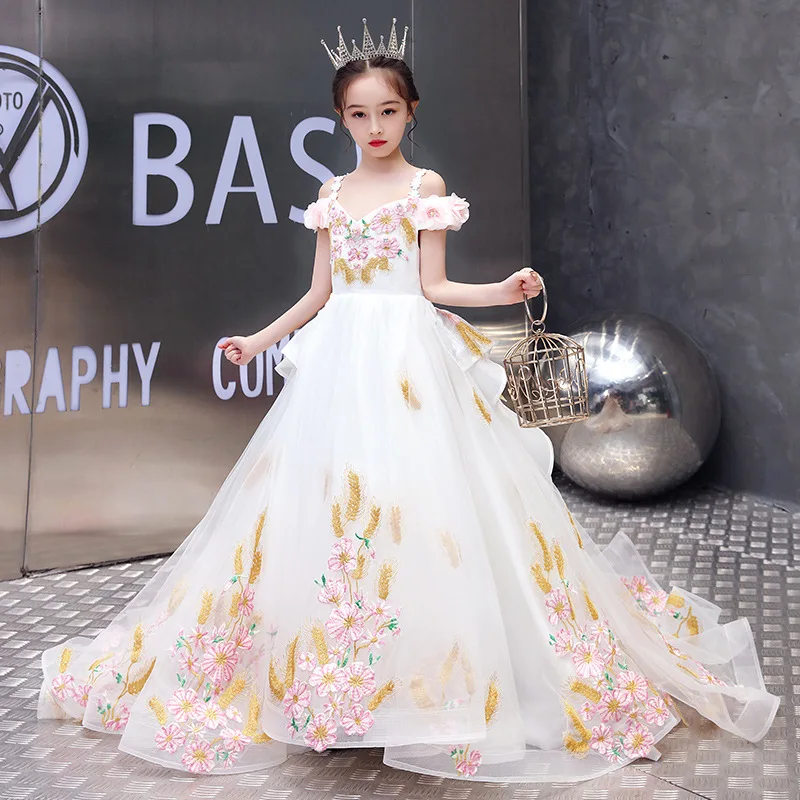 Boutique Girl Floral Tulle Dress Child Long Trailing Princess Gowns Infant Pageant Ceremony Vestido Elegant Layered Dresses Gala