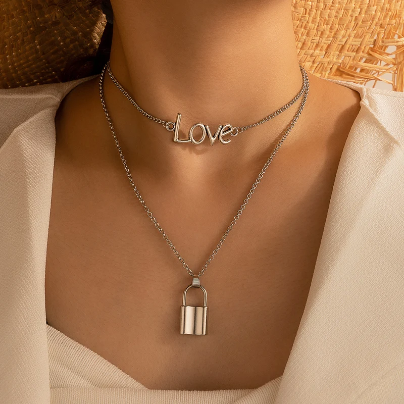 

Docona Punk Lock Key Pendant Nacklace for Women Silver Color Letter Love Alloy Metal Clavicle Chain Female Jewelry Collar 16271