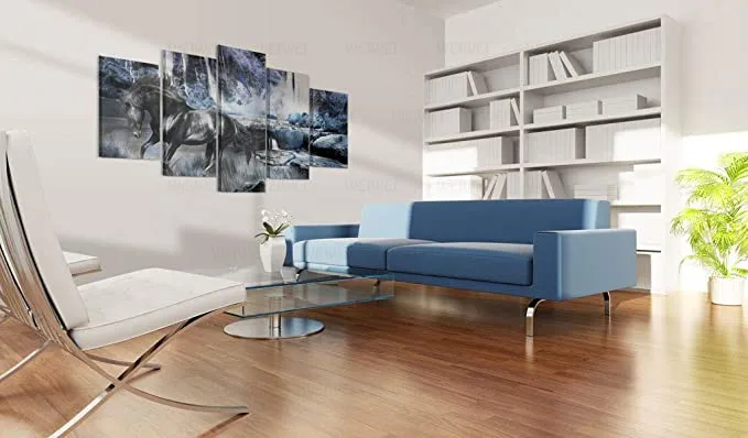 

Blue Waterfall Canvas Art Wall Decor Black Horse Picture Modern Huge Landscape 5pc Painting Living Room Office Decoration
