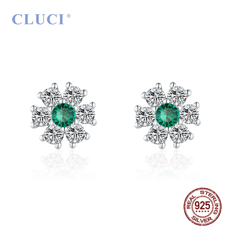 Серьги CLUCI из серебра 925 пробы с блестящим цветком и зеленым цирконием ювелирные