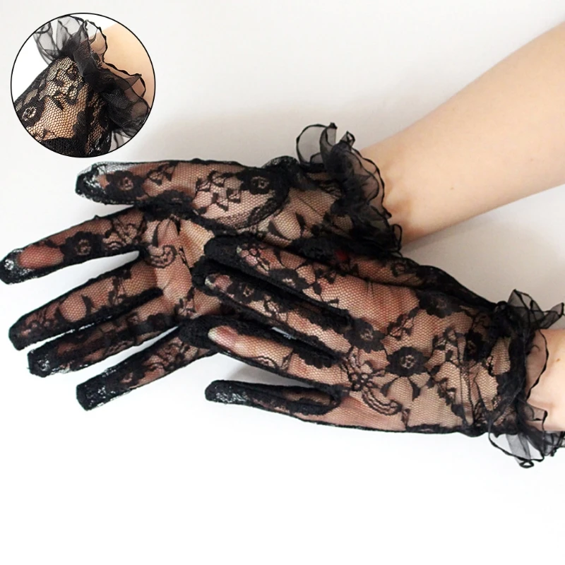 

New 1 Pair Grace Autumn Summer Women Short Tulle Gloves Stretchy Lace Spots Lotus Leaf Sheers Flexible Accessories Full Finger