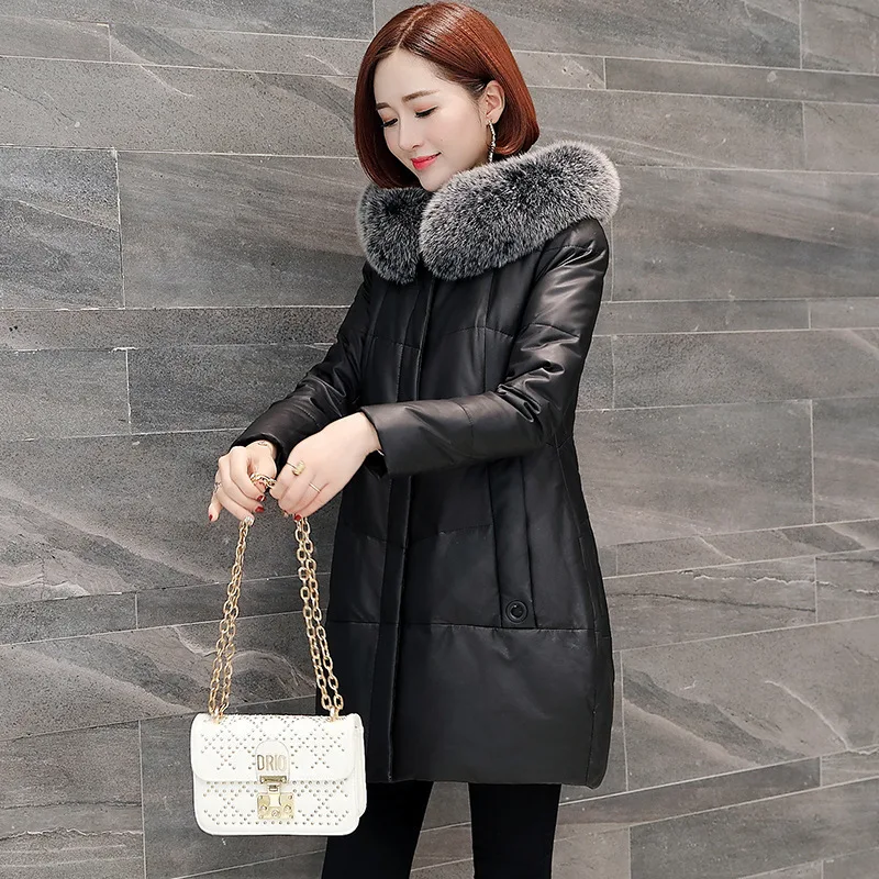 

Sheep skin down jacket women's leather jacket mid-length new fur leather fur jacket fox fur collar hood