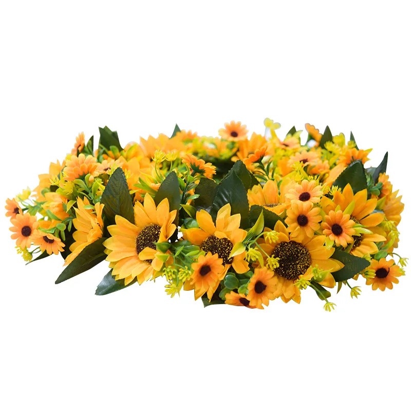 

1PC Silk Sunflower Artificial Flowers Wreath Wall Pendant For Home Wedding Background Decorative Fake Sun Flower Garland