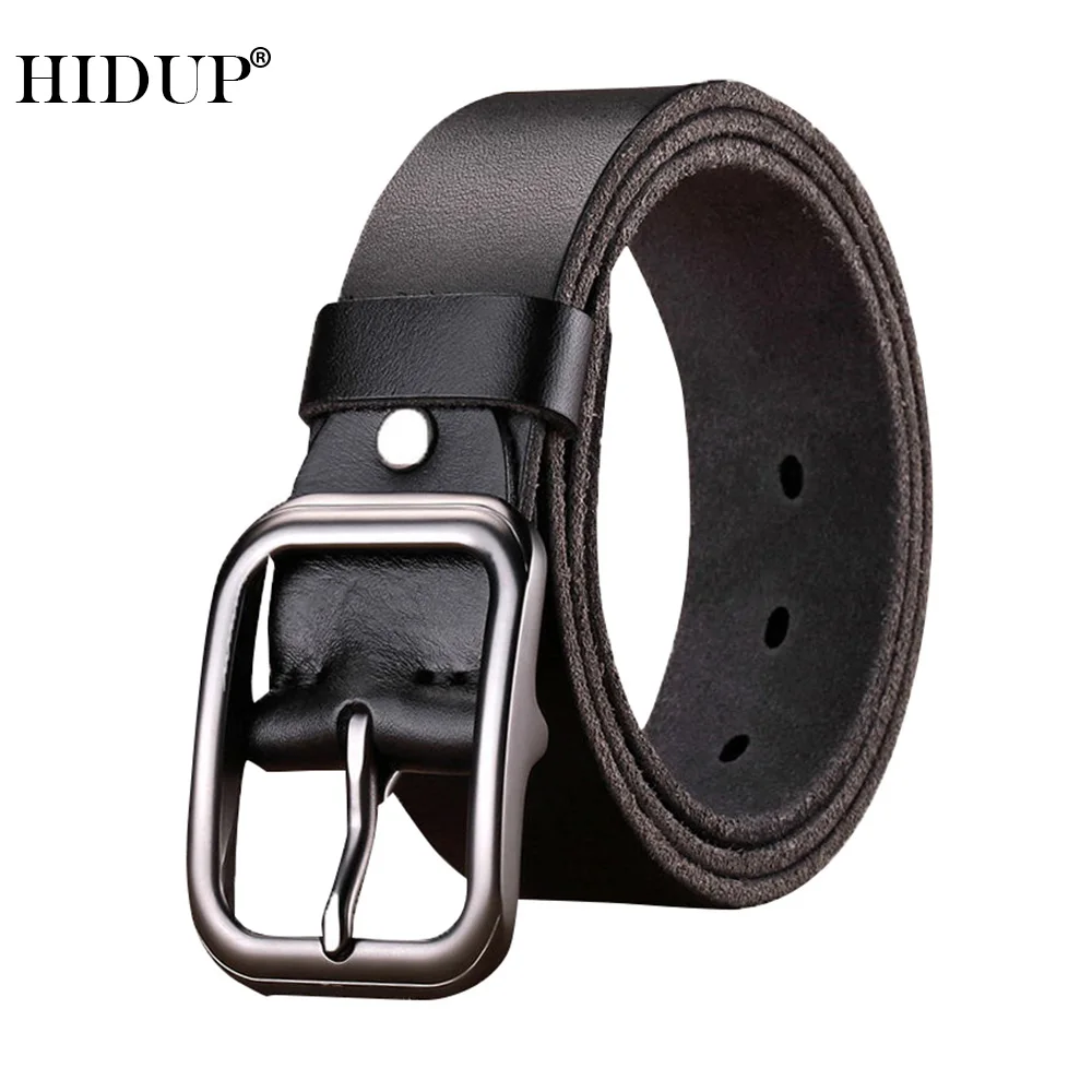 HIDUP Men's Top Quality Cowhide Alloy Pin Buckle Metal Belts 100% Solid Cowskin Men Cow Genuine Leather Belt 3.8cm Width NWJ987