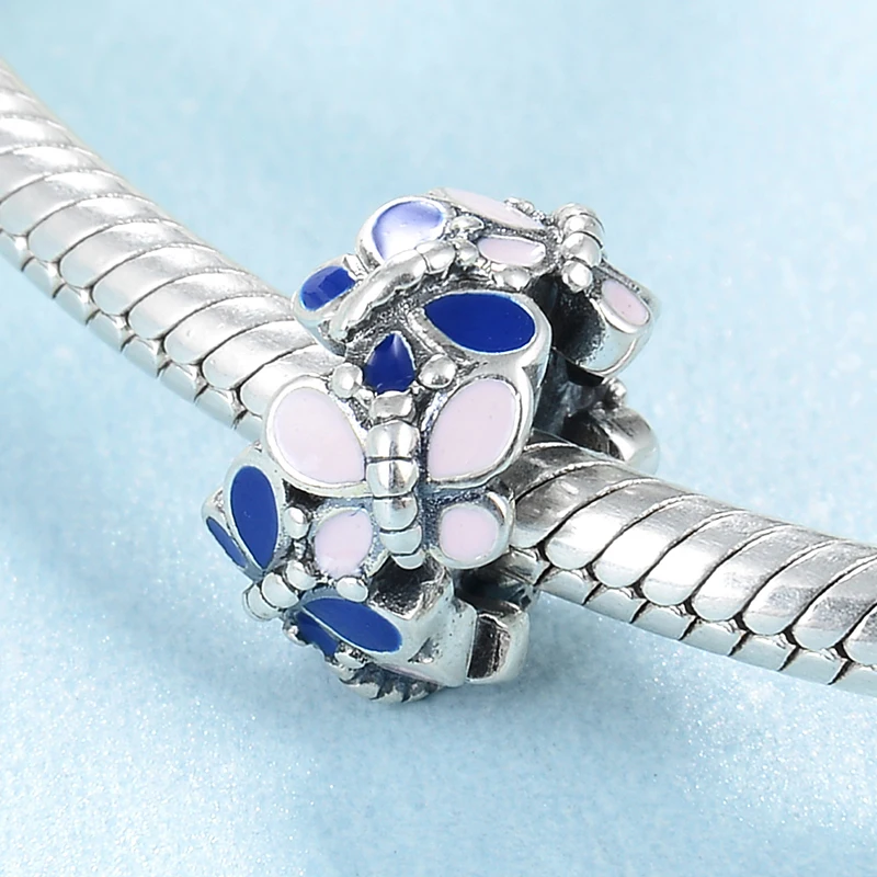 Fit Original europeu Charms Bracelet Fashion Blue and Pink Enamel butterfly Beads Real 925 Sterling Silver Bead Jewelry Making | Украшения