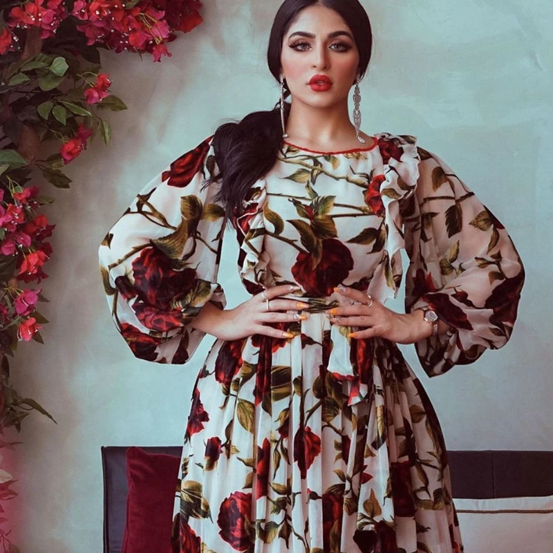 

Lugentolo мусульманское модное Макси платье для женщин с принтом Abayas с длинным рукавом с поясом ТРАПЕЦИЕВИДНОЕ женское платье с V-образным вырез...