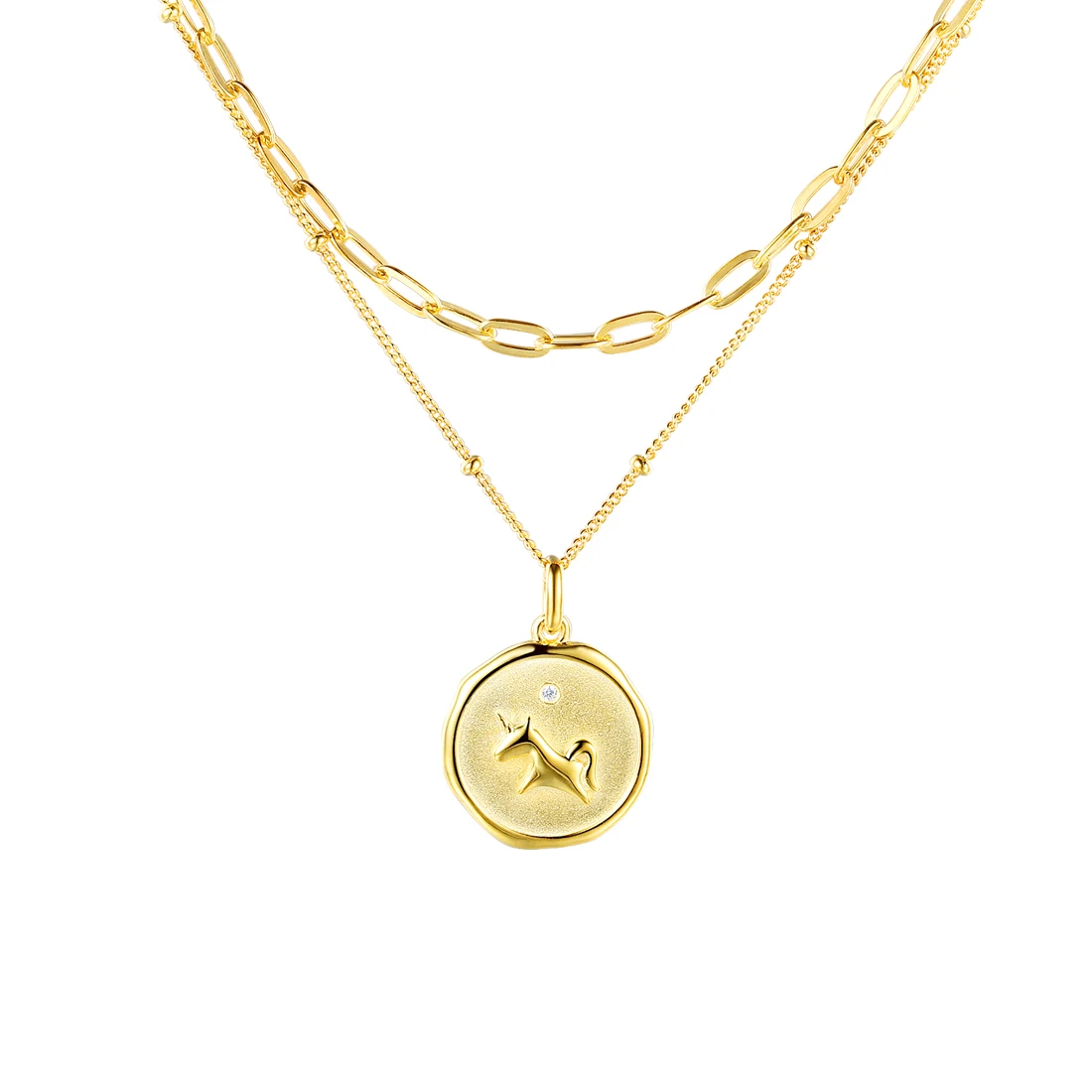 

MrUnicorn S925 Silver Necklace Women's Double Chain Gold Coin Necklace Fashion Unicorn Moissanite Pendant Birthday gift