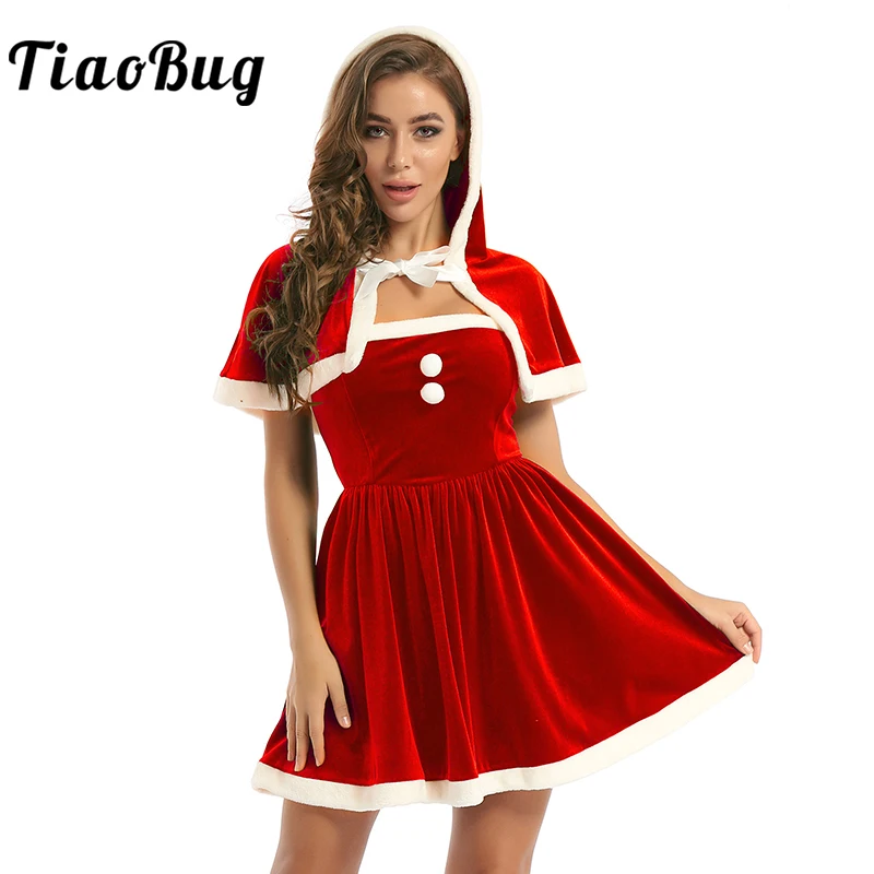 

TiaoBug Women Christmas Reindeer Costume Soft Velvet Knee Length Dress with Hooded Cape Outfit Xmas Holiday Theme Party Dress up