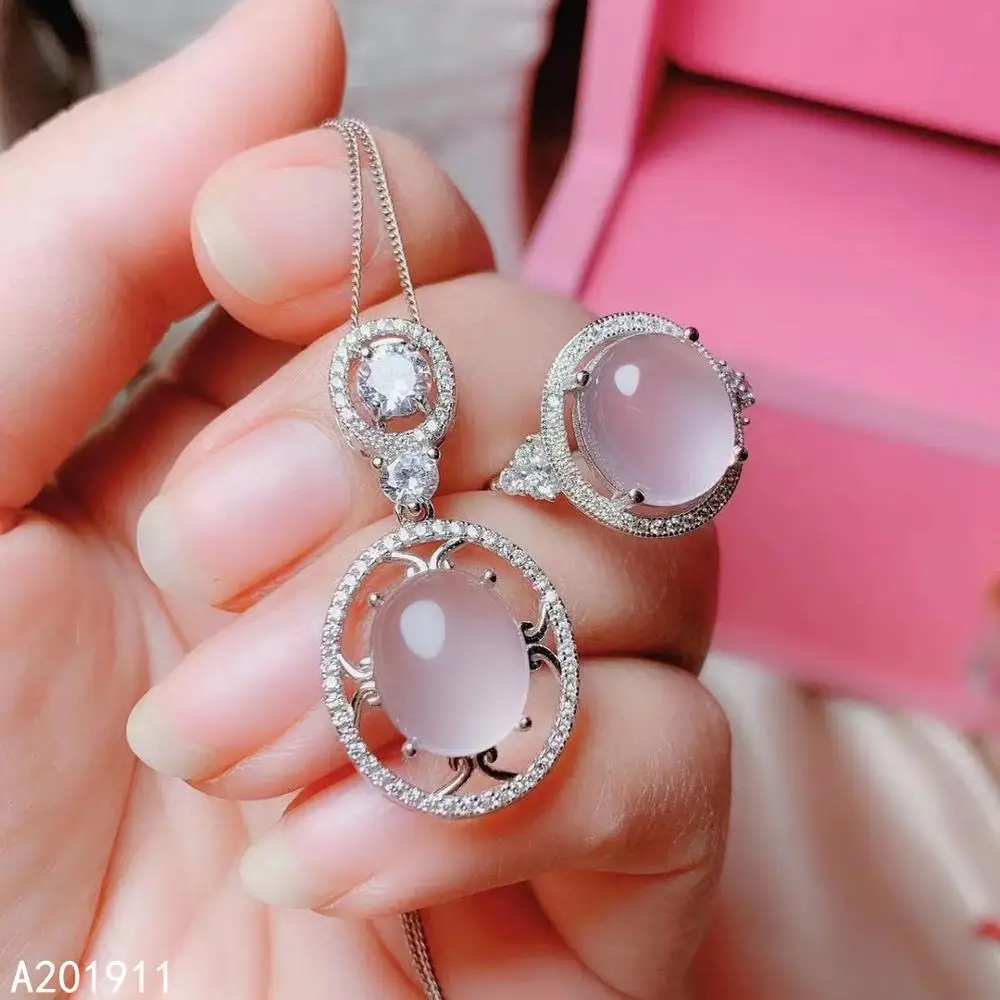 

KJJEAXCMY fine jewelry natural Rose Quartz 925 sterling silver women pendant necklace chain ring set support test classic